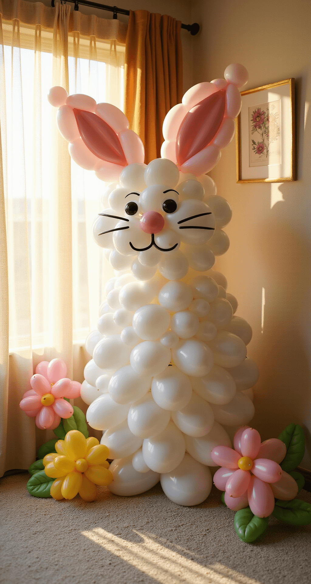 Easter Balloon Decorations That'll Make Your Celebration Pop (Without Popping Your Budget) A life-sized balloon bunny character, crafted from white and soft pink latex balloons with hand-drawn features, stands in a sunlit living room corner surrounded by pastel balloon flower bouquets, all on plush cream carpeting with soft afternoon light filtering through sheer curtains.