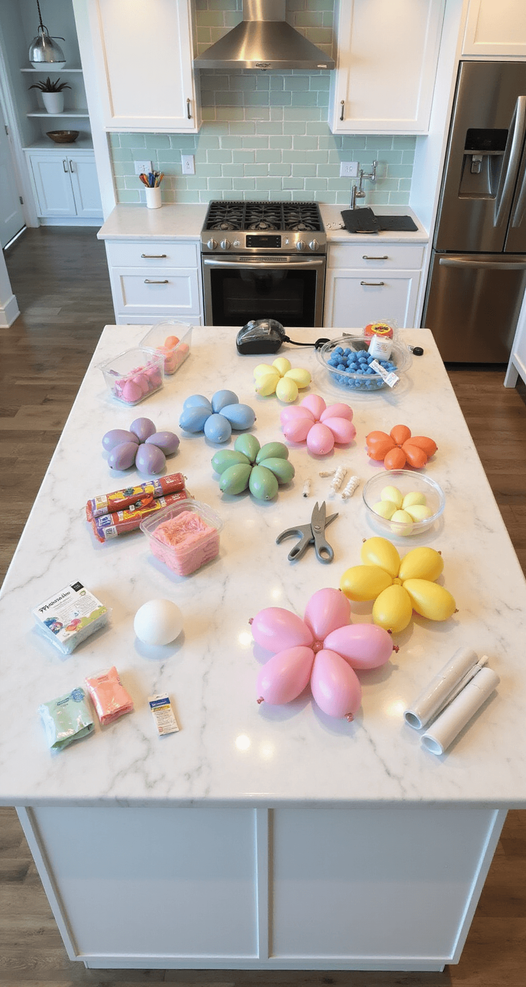 Easter Balloon Decorations That'll Make Your Celebration Pop (Without Popping Your Budget) Professional overhead view of a pristine white kitchen island set up as an Easter balloon creation station, featuring organized supplies like an electric balloon pump, fishing line, and pastel balloons, with half-completed balloon designs and a mint green backsplash, all captured in bright, even lighting.