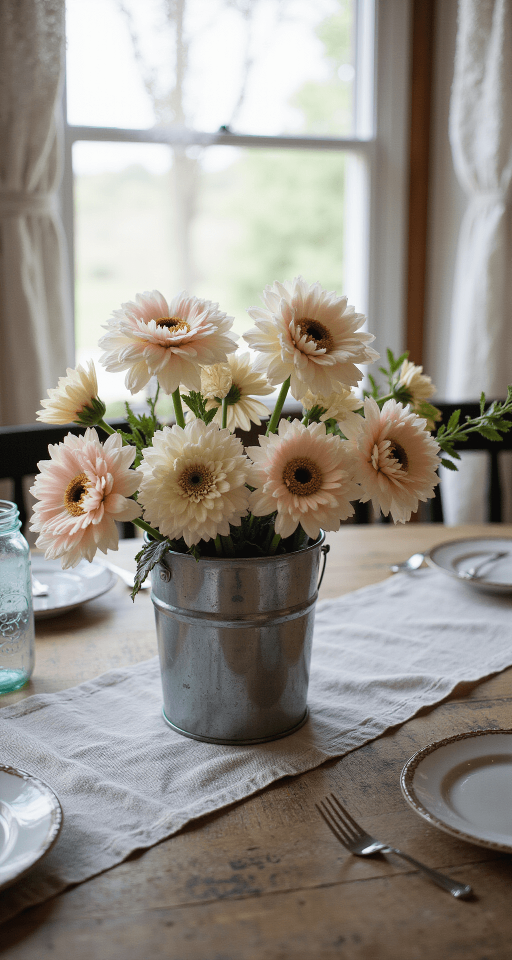 Easter Balloon Decorations That'll Make Your Celebration Pop (Without Popping Your Budget) Intimate macro view of a bouquet of pastel balloon flowers in a vintage bucket on a rustic wooden dining table, accented with a linen runner, mason jar glasses, and simple white plates, all softly illuminated by filtered window light.