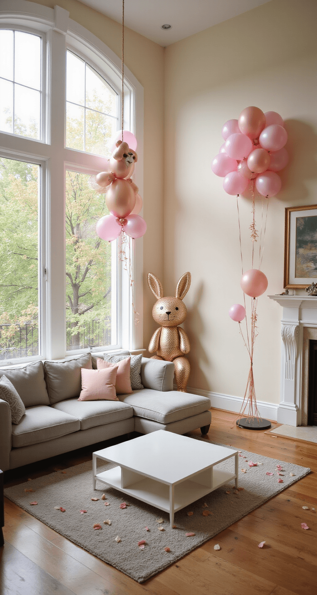 Easter Balloon Decorations That'll Make Your Celebration Pop (Without Popping Your Budget) Cinematic wide shot of a transformed living room featuring colorful balloon installations, including a large balloon arch, a bunny display, and floating balloon clusters, all illuminated by natural morning light. A soft gray sectional sofa and white coffee table create a cozy seating area against cream walls, with hardwood floors adorned with pastel flower petals, conveying a festive yet sophisticated ambiance.