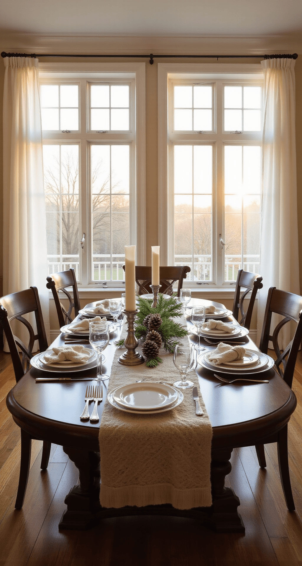 Winter Table Decor Ideas That'll Make Your Dining Room Feel Like a Snow Globe (Without the Cold) Professional interior photograph of a formal dining room at golden hour, featuring an eight-person mahogany dining table set for dinner, with warm sunlight streaming through sheer white curtains, complemented by layered textures and soft ambient lighting.