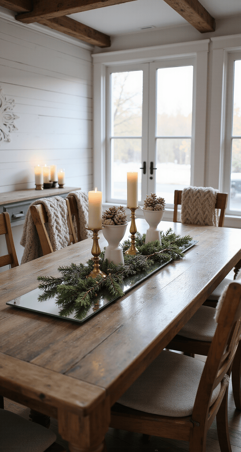 Winter Table Decor Ideas That'll Make Your Dining Room Feel Like a Snow Globe (Without the Cold) Professional dining room featuring a winter centerpiece on a reclaimed wood table, illuminated by late afternoon light. The arrangement includes brass candlesticks, white bowls with bleached pinecones, and pine branches, with fairy lights adding a warm glow. The scene showcases layered textures, warm whites, and natural accents in an open concept space.