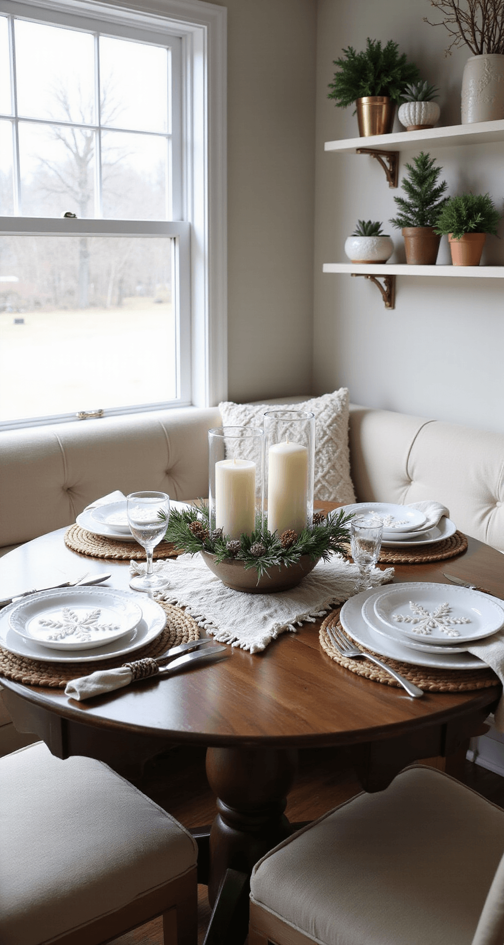 Winter Table Decor Ideas That'll Make Your Dining Room Feel Like a Snow Globe (Without the Cold) Cozy winter dining nook with a round pedestal table set for four, featuring white plates, felt snowflake cutouts, and natural woven placemats. Morning light filters through frosted windows, illuminating holly branches and pillar candles in glass hurricanes. Soft textures include a cable knit table runner and linen napkins with pinecone rings, surrounded by sage greens and warm cream tones, and styled with winter pottery and vintage brass accents on floating shelves.