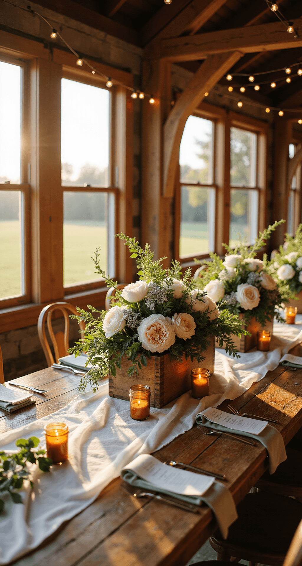 Spring Wedding Table Decor That'll Make Your Guests Actually Want to Sit Down Photorealistic wedding reception in a rustic barn, featuring warm golden hour light, reclaimed wood tables adorned with overflowing floral centerpieces, mason jar votives, and vintage mismatched chairs, all under twinkling string lights and exposed wooden beams.
