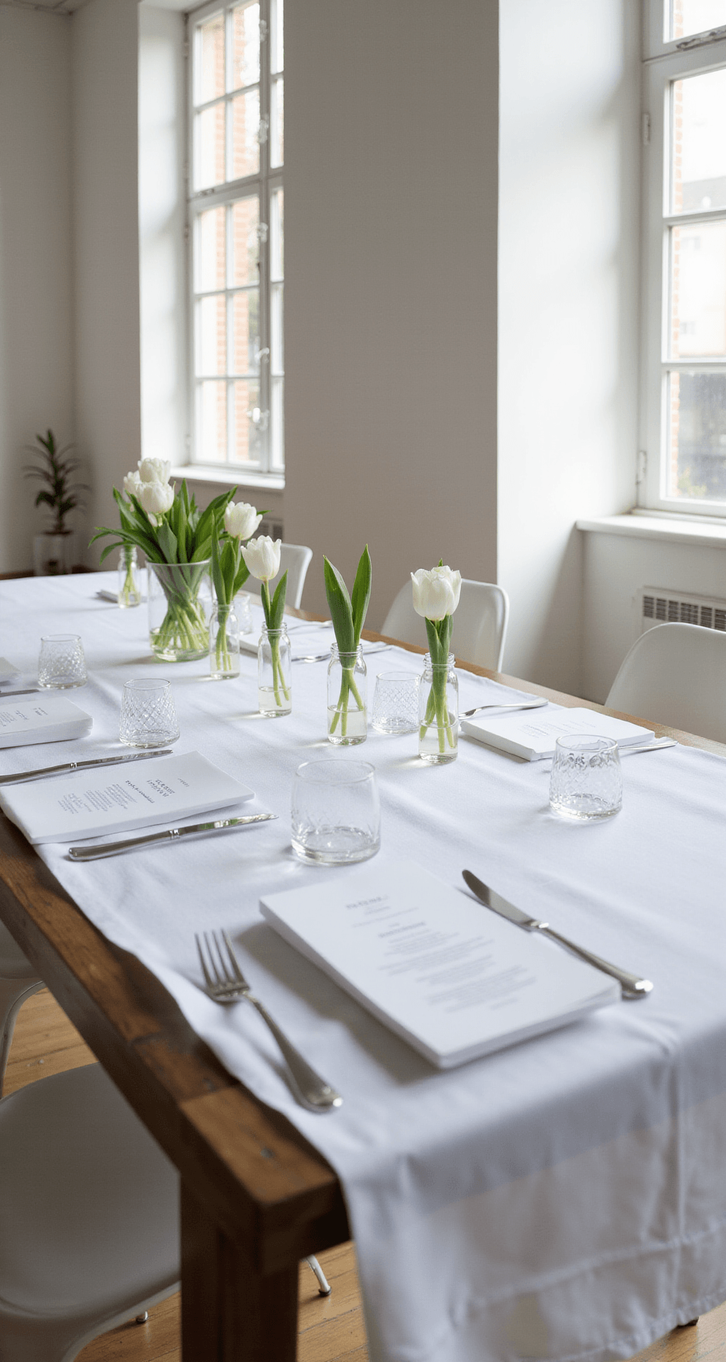 Spring Wedding Table Decor That'll Make Your Guests Actually Want to Sit Down Photorealistic minimalist wedding table setup with a sleek white rectangular table, clear glass vases with white tulips, modern Ghost chairs, geometric menu cards, and silver flatware in a bright, airy gallery space with floor-to-ceiling windows.