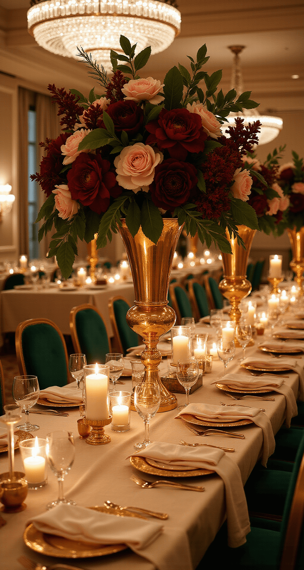 Spring Wedding Table Decor That'll Make Your Guests Actually Want to Sit Down Photorealistic elegant wedding tablescape in an upscale hotel ballroom, featuring a long rectangular table draped in champagne silk, adorned with gold compote vessels overflowing with burgundy dahlias and blush peonies, gold charger plates, crystal stemware, ivory silk napkins with silk ribbons, and flickering pillar candles in gold glass holders, enhanced by emerald green velvet chair cushions and soft ambient lighting from crystal chandeliers.