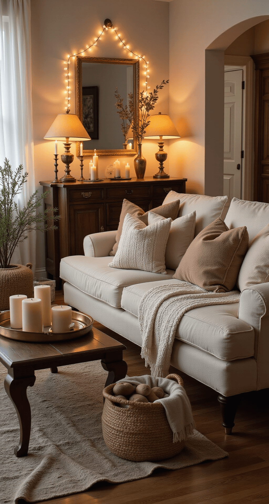 Winter Home Decor: How I Transform My Space Into a Cozy Haven When the Temperature Drops Photorealistic living room during golden hour, featuring a cream sectional sofa with chunky ivory throw, mixed-texture pillows, a reclaimed wood coffee table with pillar candles and eucalyptus, vintage brass candlesticks, warm string lights, a woven basket of cashmere throws, layered rugs, and intimate amber lighting.