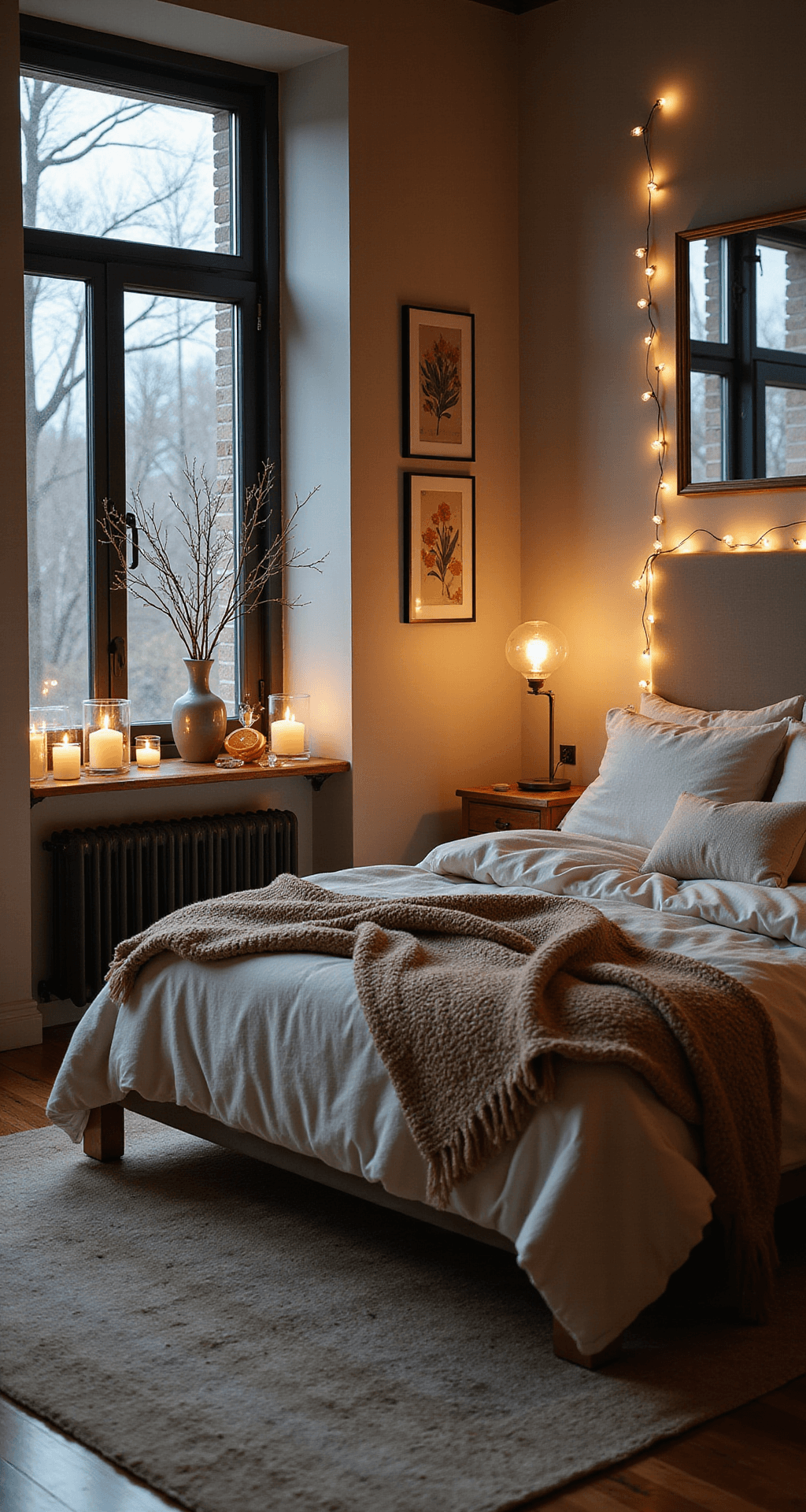 Winter Home Decor: How I Transform My Space Into a Cozy Haven When the Temperature Drops Photorealistic bedroom sanctuary at blue hour, featuring a king-size platform bed with ivory linens, oversized oatmeal throw, vintage brass bedside tables with ceramic lamps, string lights around a large mirror, and windowsill adorned with mercury glass votives and dried orange slices, all set in a cozy, warm light ambiance against soft mushroom gray walls.