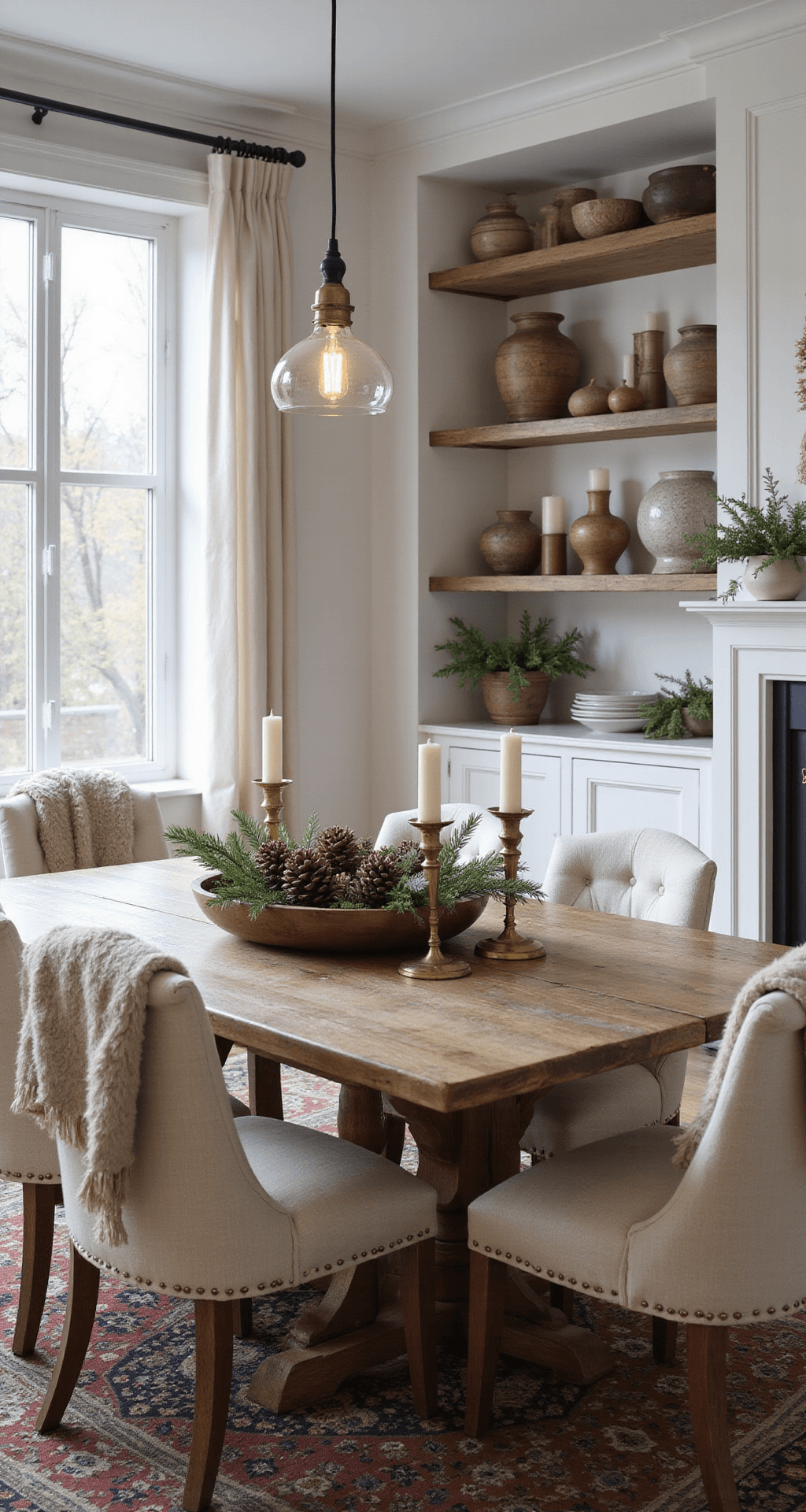 Winter Home Decor: How I Transform My Space Into a Cozy Haven When the Temperature Drops Photorealistic dining room featuring a farmhouse table adorned with a wooden dough bowl of pinecones and evergreen sprigs, vintage brass candlesticks with ivory candles, and built-in shelves of ceramic items and dried botanicals. The scene is illuminated by a pendant light and filtered daylight from a large window with sheer curtains, complemented by cream upholstered chairs and a vintage Persian rug, creating a serene winter ambiance.