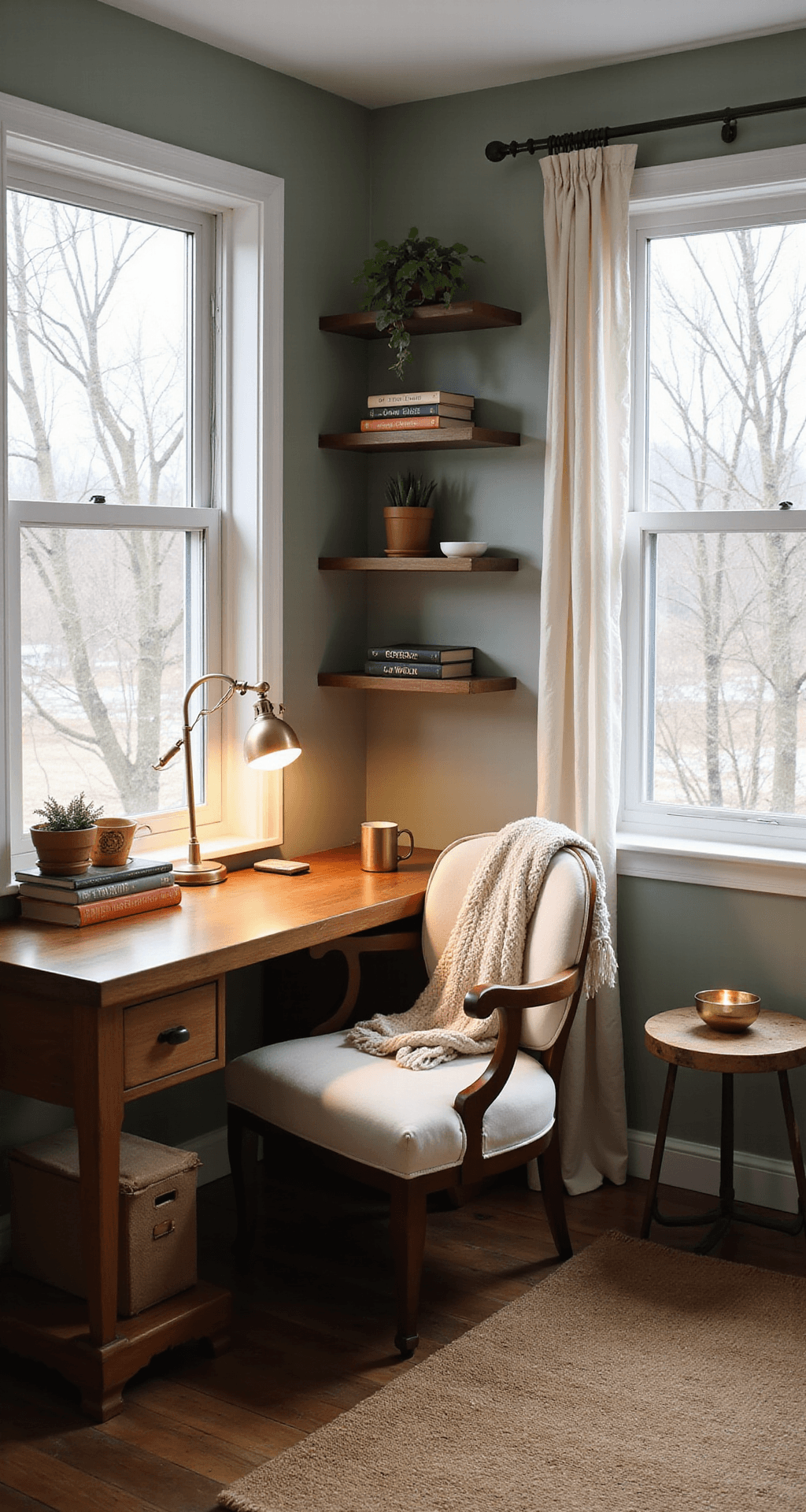 Winter Home Decor: How I Transform My Space Into a Cozy Haven When the Temperature Drops Photorealistic home office corner featuring a built-in walnut desk, vintage brass lamp, leather-bound books, a ceramic mug, and a succulent, with sheer curtains filtering overcast light, a reading chair, and a jute rug on dark hardwood floors, all in a soft sage green room.