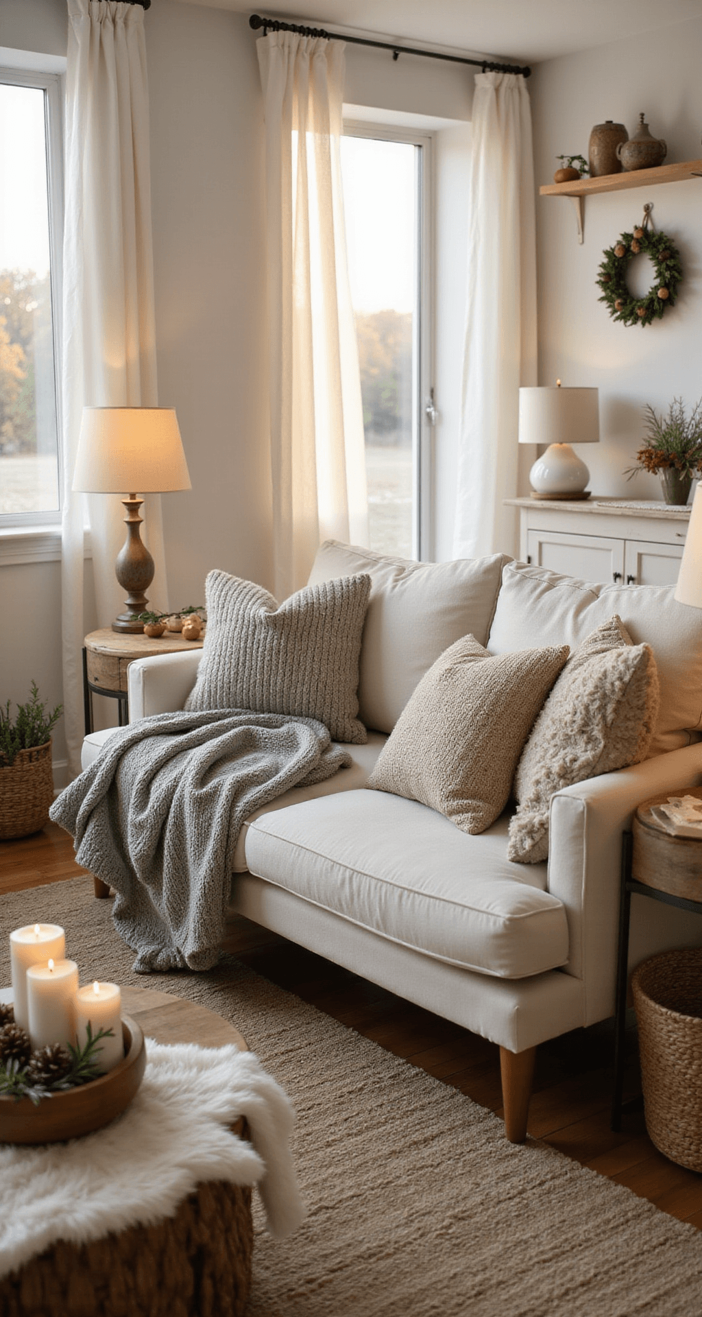 Simple Winter Decor That Actually Makes Your Home Feel Cozy (Without Turning It Into a Snow Globe) Cozy living room with warm white walls, cream linen sofa adorned with textured throw pillows, gray chunky knit blanket, styled coffee table with white candles and rustic bowl of pinecones, warm ambient lighting, rich wooden floors, layered rugs, and inviting atmosphere during golden hour.