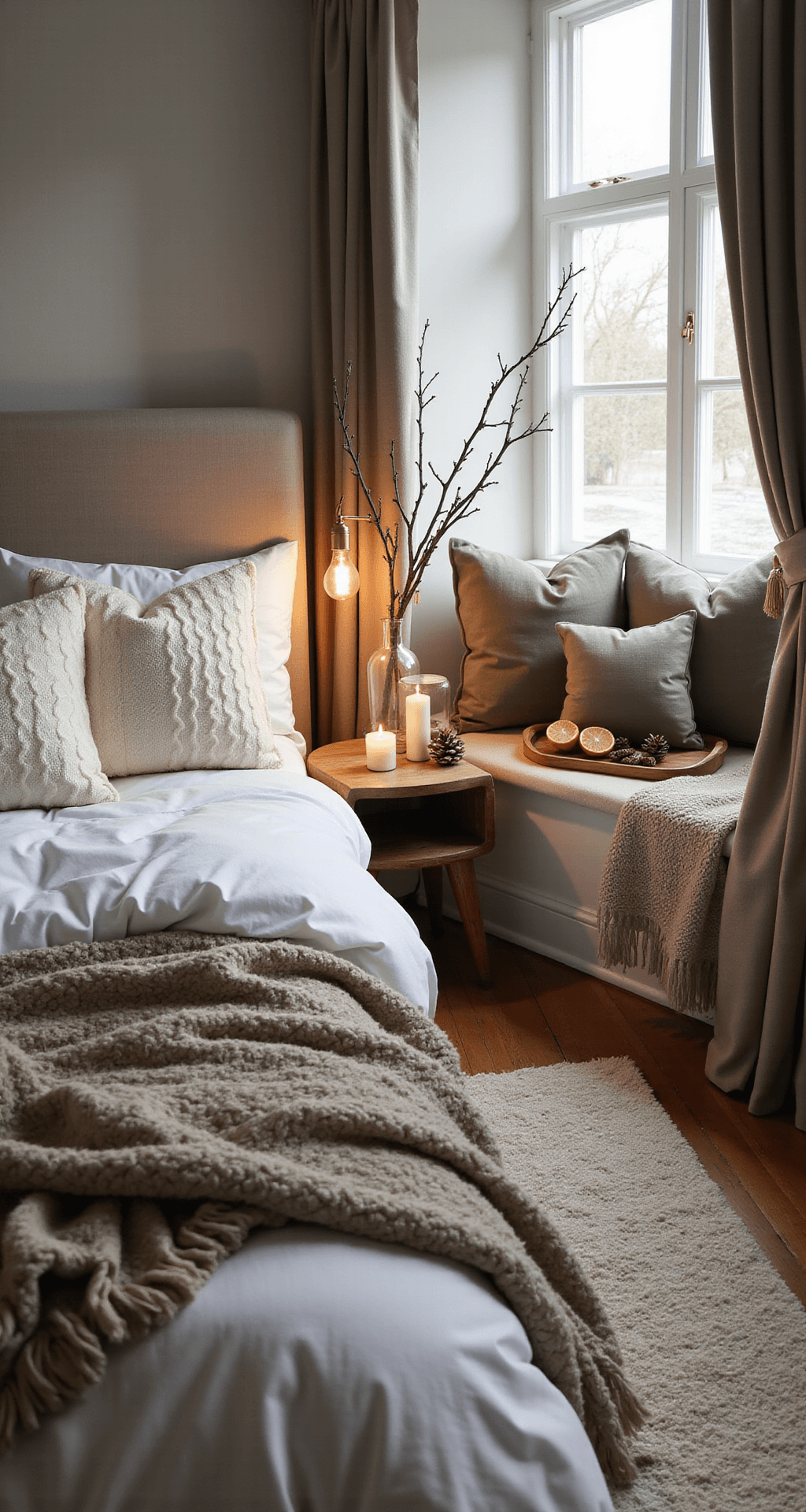 Simple Winter Decor That Actually Makes Your Home Feel Cozy (Without Turning It Into a Snow Globe) Intimate bedroom scene with a low-angle view of a bed dressed in crisp white linens and a faux fur throw, warm afternoon light filtering through heavy curtains, featuring bedside decor including a brass lamp and candles, wooden nightstand, and a cozy window seat with velvet pillows, all set against rich hardwood floors and a cream area rug, evoking a cozy winter ambiance.