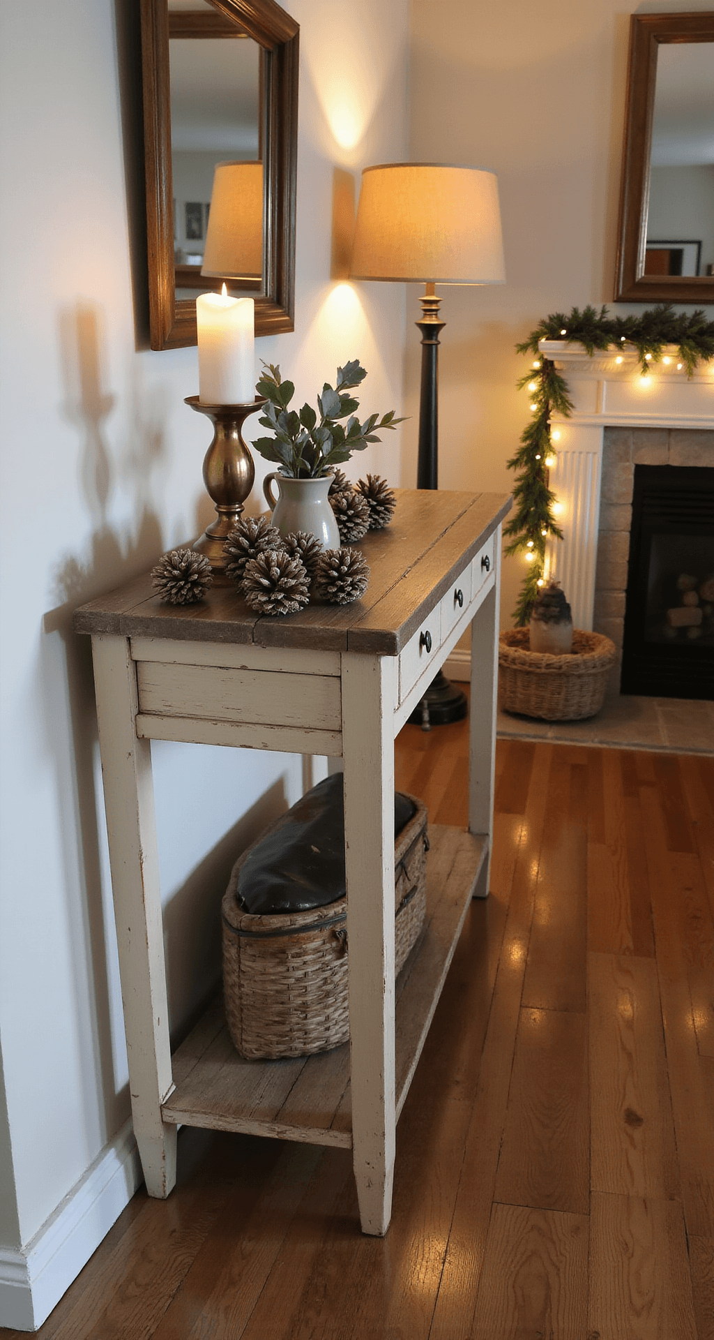 Simple Winter Decor That Actually Makes Your Home Feel Cozy (Without Turning It Into a Snow Globe) A cozy dining room vignette featuring a weathered wooden console table adorned with a brass candleholder, large pinecones, faux eucalyptus in a ceramic vase, and a vintage wooden box, all softly illuminated by ambient lighting and reflected in a nearby mirror, creating a warm and inviting winter atmosphere.
