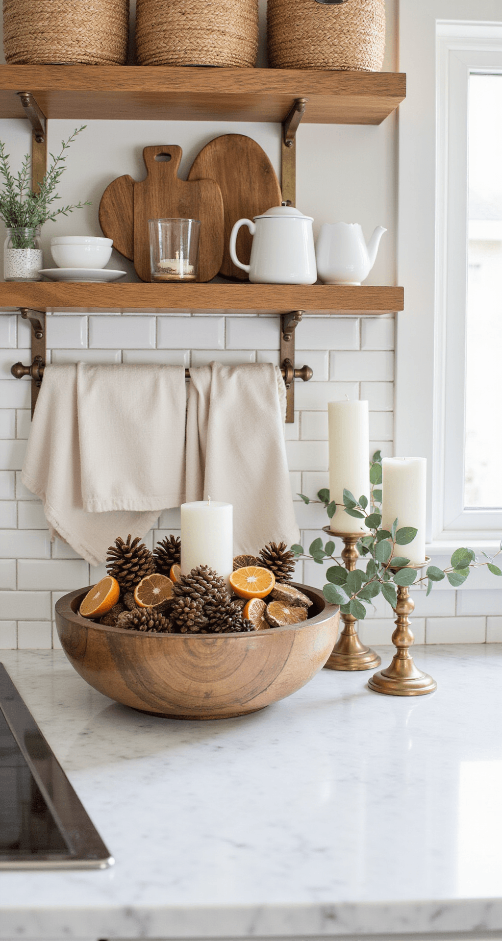 Simple Winter Decor That Actually Makes Your Home Feel Cozy (Without Turning It Into a Snow Globe) A styled kitchen counter featuring a marble countertop with a wooden dough bowl of pinecones and dried oranges, brass candle holders, eucalyptus in a glass vase, and cutting boards. The scene is illuminated by soft morning light, highlighting warm whites, natural wood tones, and organic textures against a white subway tile backsplash.
