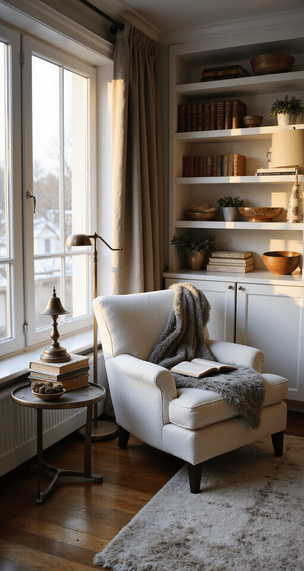 Simple Winter Decor That Actually Makes Your Home Feel Cozy (Without Turning It Into a Snow Globe) Cozy reading nook featuring a cream linen armchair draped with a gray faux fur throw, a brass table lamp, vintage books, and pinecones on a side table, surrounded by warm neutral decor, layered rugs, and winter afternoon light streaming through a partially drawn curtain, creating inviting textures and shadows.