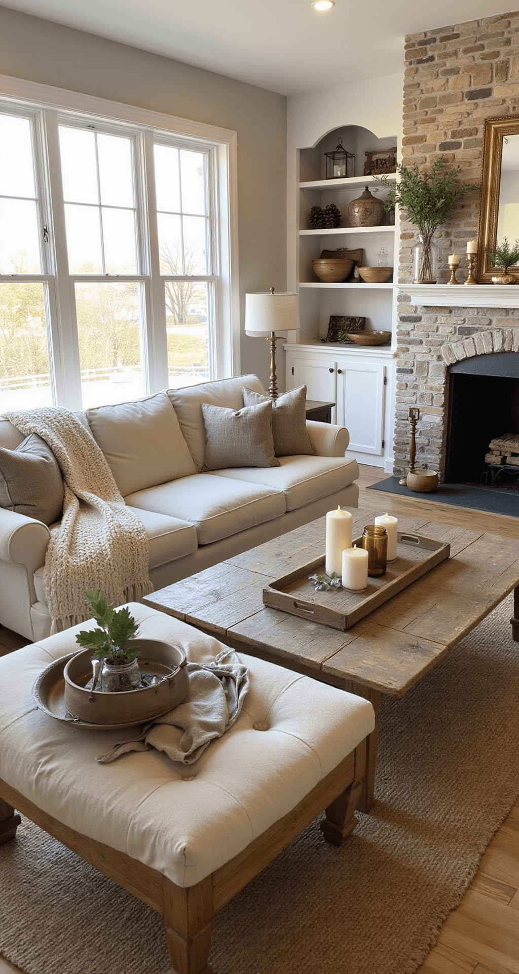 Winter Farmhouse Decor: Creating Warmth Without the Holiday Fuss A spacious farmhouse living room with a cream linen sectional, distressed hardwood floors, and a reclaimed barn wood coffee table, all bathed in warm golden hour light streaming through large multi-pane windows.