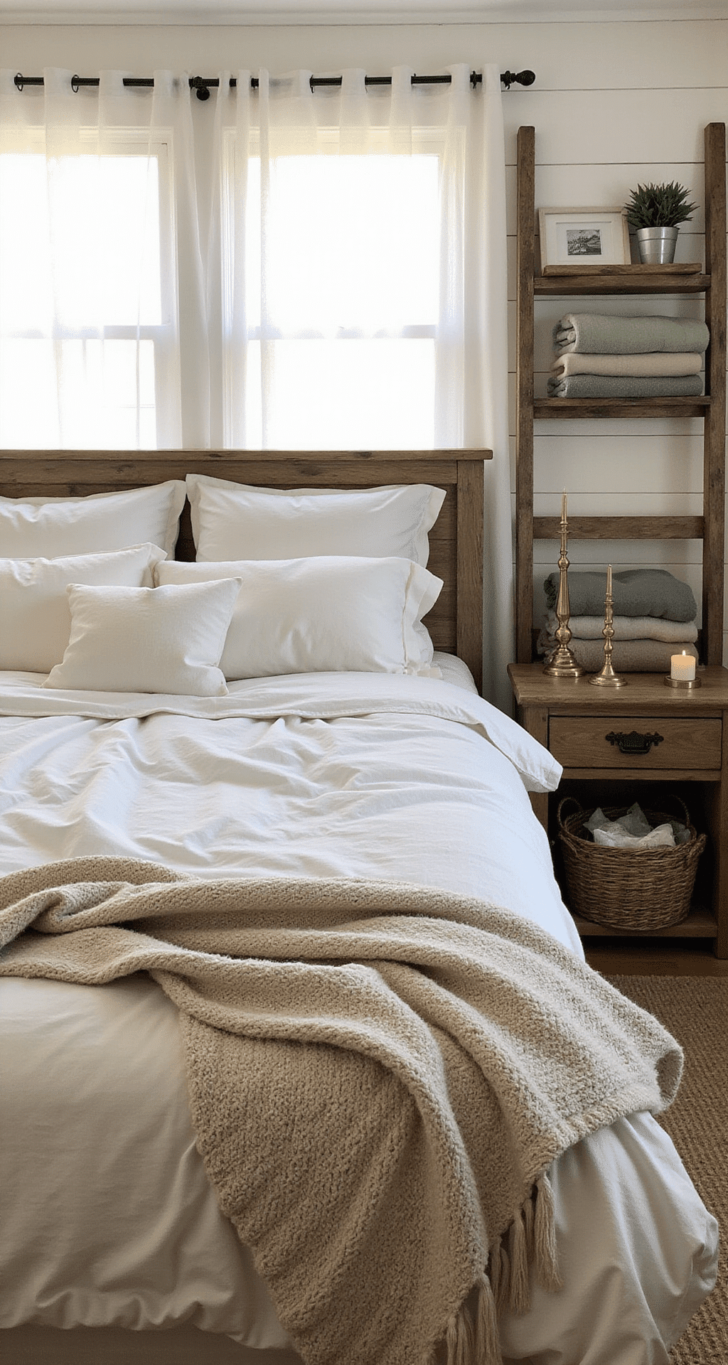 Winter Farmhouse Decor: Creating Warmth Without the Holiday Fuss Cozy farmhouse bedroom with soft morning light filtering through gauzy white curtains, showcasing rumpled white bedding, an oatmeal chunky knit throw, a weathered oak bed frame, vintage ladder, rustic nightstands with brass candlesticks, and woven storage basket, all in warm wood tones and soft creams.