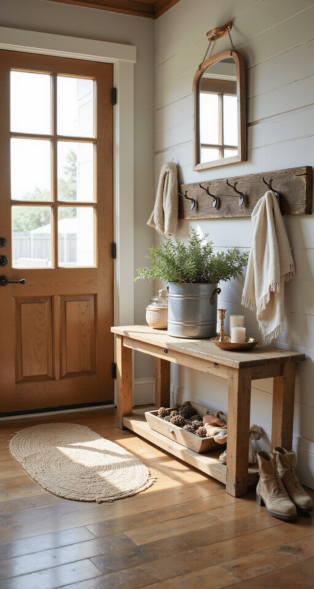 Winter Farmhouse Decor: Creating Warmth Without the Holiday Fuss A cozy farmhouse entryway featuring a vintage wooden door, wide-plank oak flooring, a weathered console table with a galvanized metal basket of boxwood clippings, a brass mirror, rustic coat hooks, and a jute runner, all bathed in warm afternoon light.