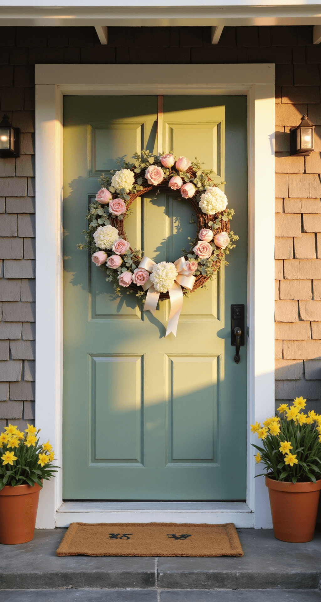 How to Make a Stunning Spring Wreath in Just 5 Minutes (Even If You're Craft-Challenged) Photorealistic image of a charming cottage-style home's front entryway at golden hour, featuring a sage green door adorned with a spring wreath of blush pink tulips, cream hydrangeas, and eucalyptus, framed by white trim and weathered wood siding, with daffodils in terracotta planters on a slate step.