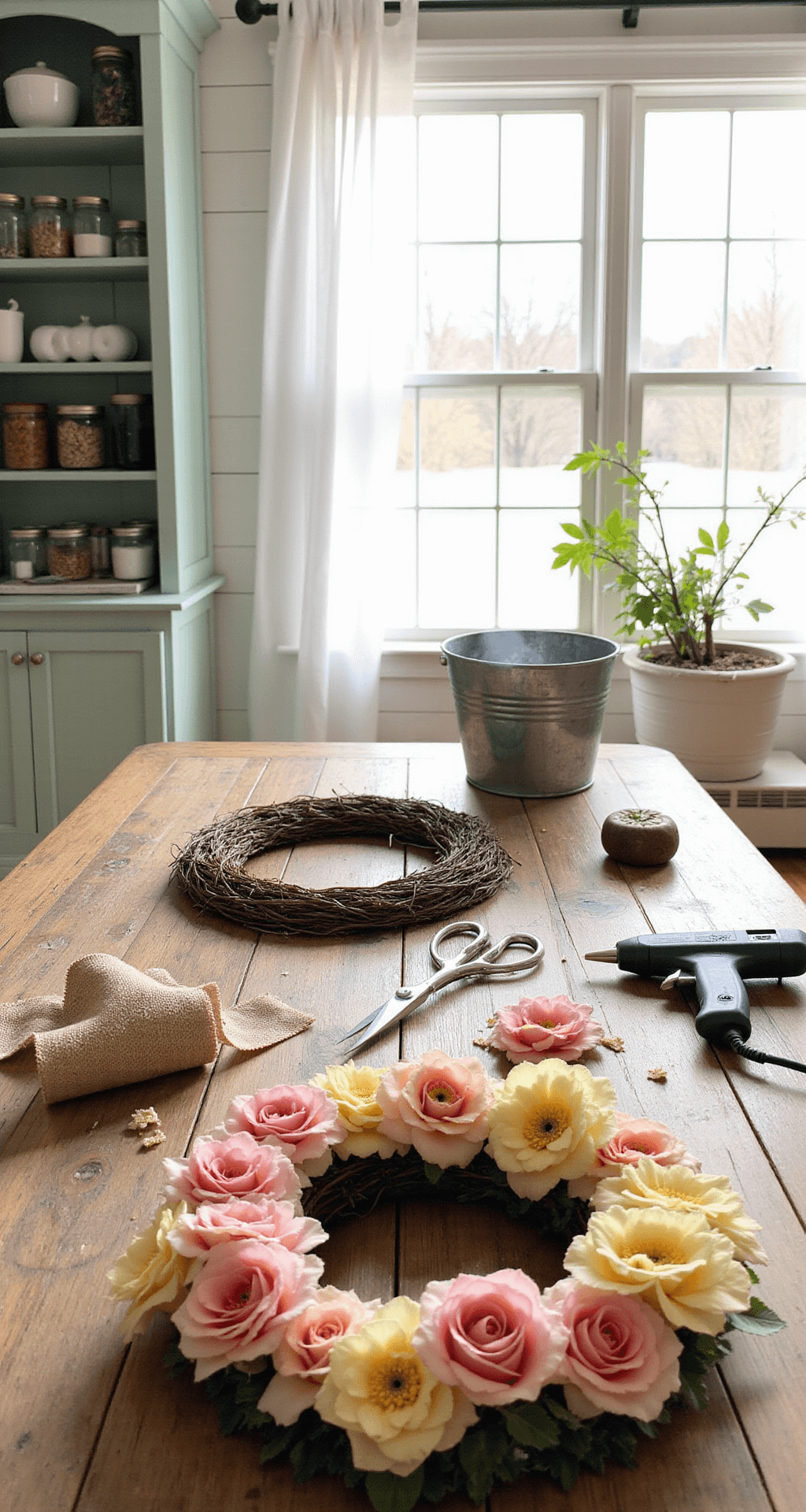 How to Make a Stunning Spring Wreath in Just 5 Minutes (Even If You're Craft-Challenged) Interior craft room filled with natural light, featuring a farmhouse table cluttered with spring wreath-making supplies, including silk flowers, burlap ribbon, a hot glue gun, scissors, and a grapevine wreath base; surrounded by white shiplap walls and mint green shelving with mason jars and vintage decor.