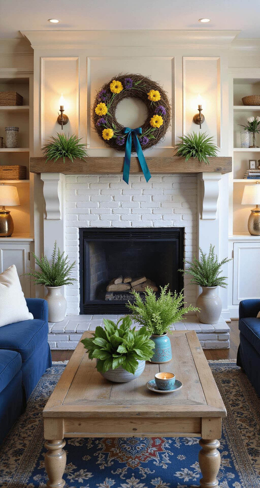 How to Make a Stunning Spring Wreath in Just 5 Minutes (Even If You're Craft-Challenged) Traditional living room interior showcasing a vibrant spring wreath of yellow tulips and purple flowers on a rustic mantel over a white brick fireplace, complemented by a navy velvet sofa, built-in bookcases, and warm ambient lighting.