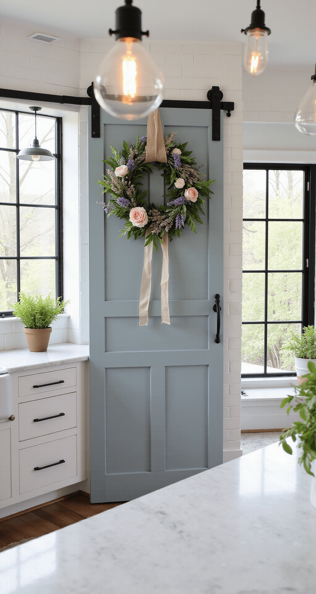 How to Make a Stunning Spring Wreath in Just 5 Minutes (Even If You're Craft-Challenged) A modern farmhouse kitchen featuring a soft gray-blue barn door adorned with a spring wreath of lavender and pink florals, set against a backdrop of white subway tile, marble countertops, and black iron hardware. Natural light streams through large black-framed windows, illuminating the space with warm pendant lights and fresh herb planters on the windowsill. The image is taken from the perspective of the kitchen island, highlighting the wreath's seasonal charm.