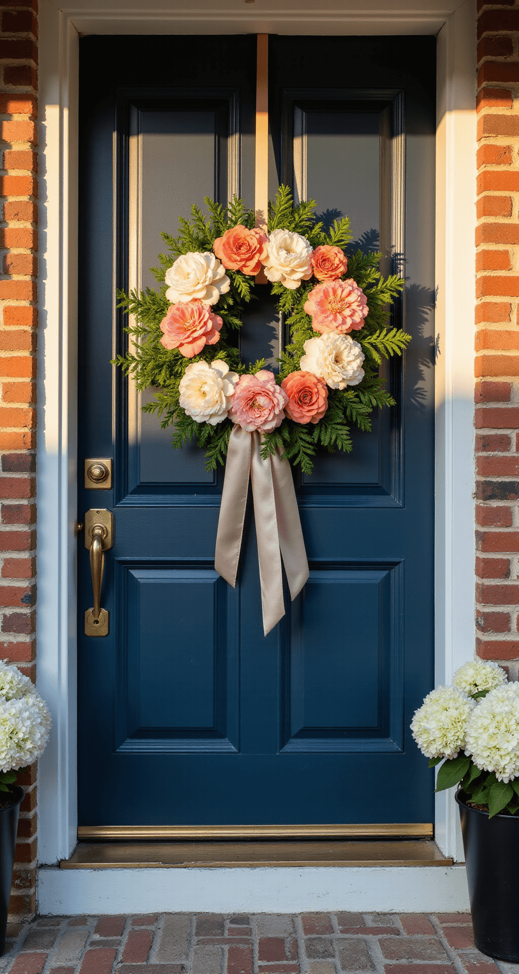 Elegant Spring and Summer Front Door Wreaths That'll Make Your Neighbors Jealous A welcoming entrance featuring a large navy blue door with a floral wreath of pink and cream flowers, illuminated by golden hour sunlight, complemented by potted white hydrangeas and polished brass hardware.
