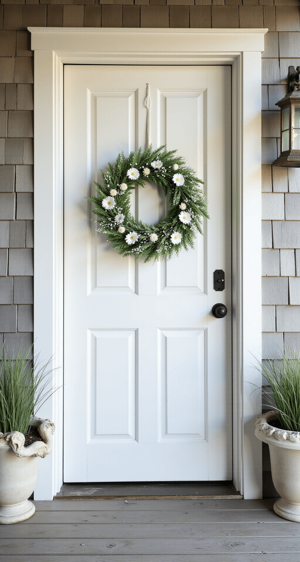 Elegant Spring and Summer Front Door Wreaths That'll Make Your Neighbors Jealous An elegant coastal entryway featuring a white shaker-style door adorned with a seafoam and ivory wreath, surrounded by weathered cedar shingles and a vintage nautical lantern, captured in soft morning light with driftwood planters on bleached teak decking.
