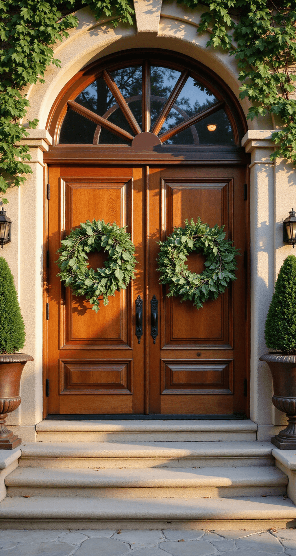 Elegant Spring and Summer Front Door Wreaths That'll Make Your Neighbors Jealous A grand double-door entrance with rich mahogany doors adorned with twin garden greenery wreaths, surrounded by stone columns and climbing jasmine, illuminated by antique copper lanterns, with oversized iron urns holding boxwood topiaries on limestone steps, all captured in warm late afternoon light.