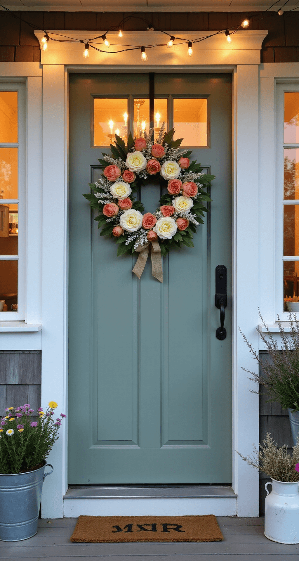 Elegant Spring and Summer Front Door Wreaths That'll Make Your Neighbors Jealous Charming farmhouse entrance at blue hour, featuring a sage green board-and-batten door adorned with a mixed floral wreath, warm interior light shining through, white trim against weathered barn wood siding, overflowing galvanized metal planters, vintage milk jug with wildflowers, and magical string lights overhead.