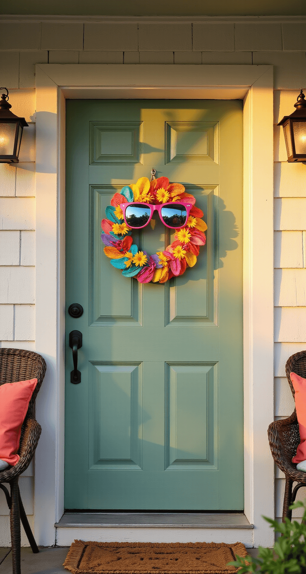 Budget-Friendly Dollar Tree Summer Wreath Ideas That'll Make Your Neighbors Jealous Photorealistic wide-angle view of a charming front porch at golden hour, featuring a vibrant tropical wreath of rainbow flip-flops and Hawaiian leis on a sage green door, with oversized neon sunglasses nearby, soft sunlight casting shadows on whitewashed siding, and wicker furniture in the background.