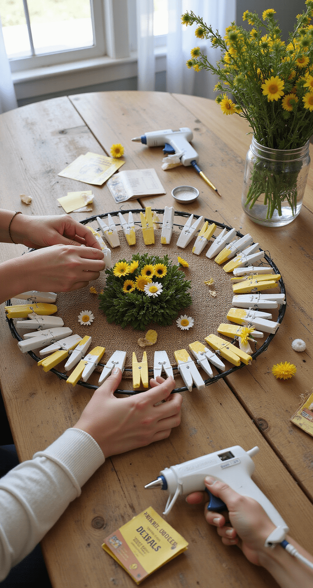 Budget-Friendly Dollar Tree Summer Wreath Ideas That'll Make Your Neighbors Jealous Close-up of a craftsperson's hands painting clothespins bright yellow while arranging a sunflower-inspired wreath on a rustic farmhouse dining table, with burlap, faux greenery, daisies, and scattered vintage seed packets, bathed in soft morning light.
