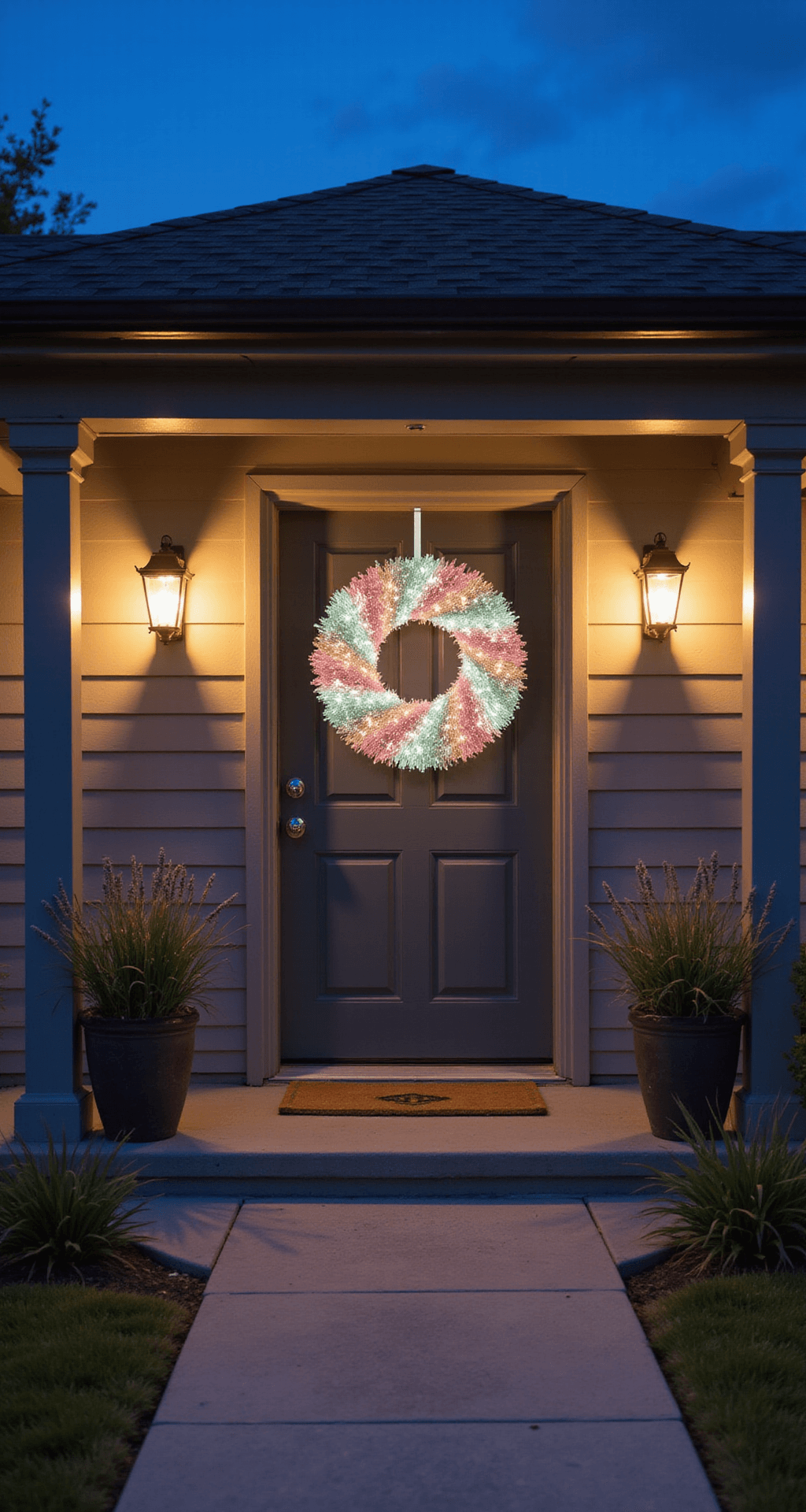 Budget-Friendly Dollar Tree Summer Wreath Ideas That'll Make Your Neighbors Jealous Dramatic evening shot of a modern farmhouse entryway featuring a pastel pink and mint green tinsel wreath with LED lights on a charcoal gray door, surrounded by a stone pathway and lavender plants, with soft lantern lighting and a twilight blue sky.