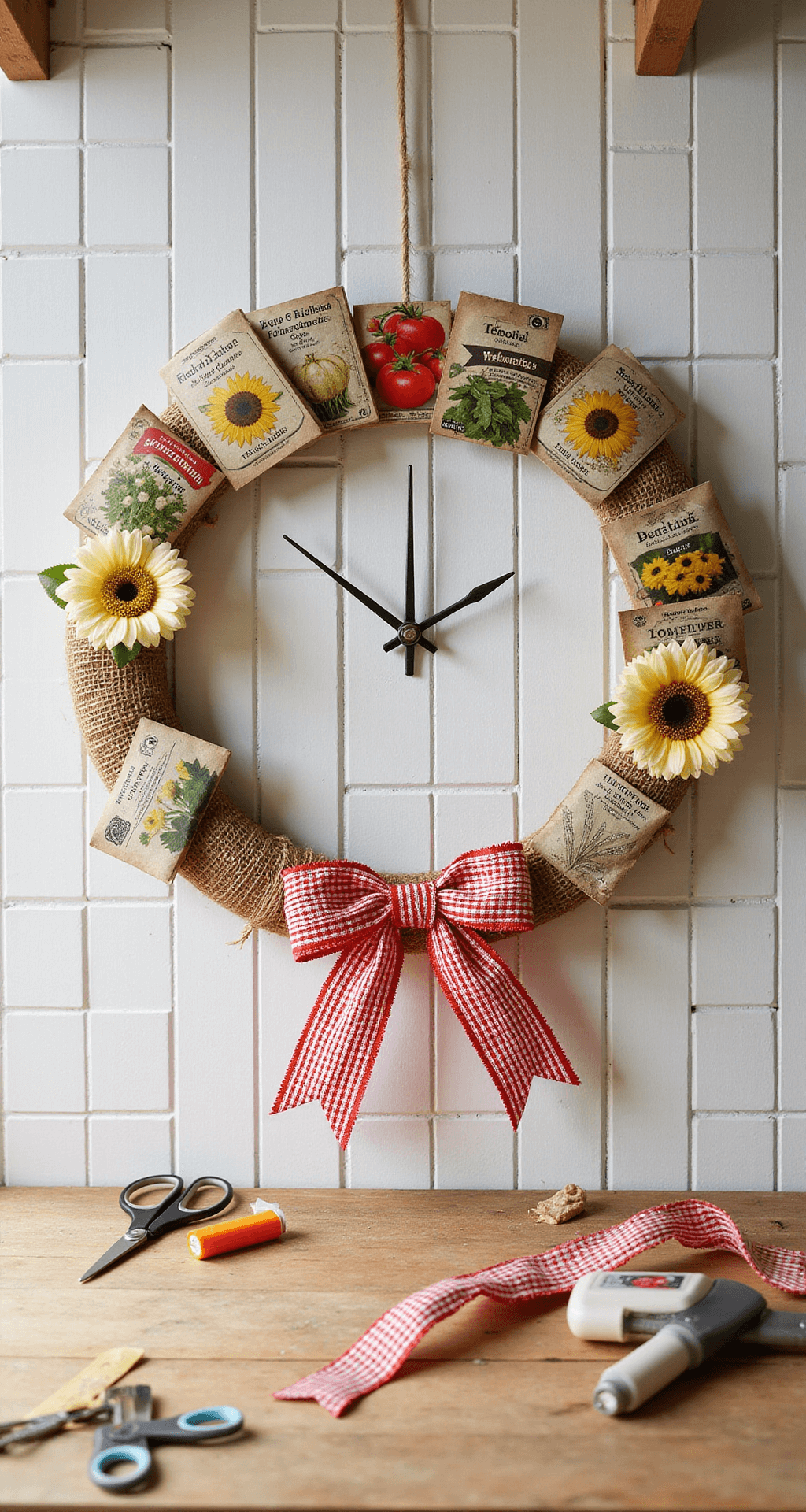 Budget-Friendly Dollar Tree Summer Wreath Ideas That'll Make Your Neighbors Jealous A completed seed packet wreath with vintage-style seed packets arranged on a burlap-wrapped wire form, surrounded by artificial flowers and a gingham ribbon bow, set against a rustic kitchen backdrop with natural light highlighting the crafting process.