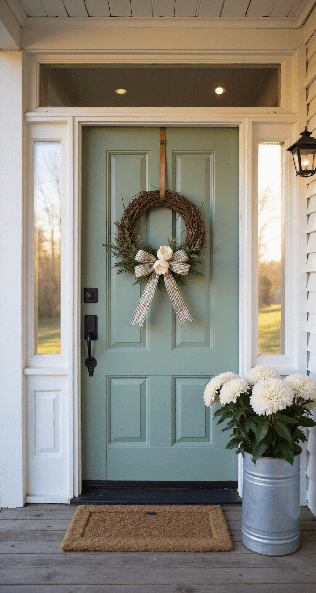 Farmhouse Grapevine Wreath Ideas That'll Make Your Front Door the Talk of the Neighborhood Wide-angle shot of a welcoming farmhouse entryway during golden hour, featuring a sage green front door with a grapevine wreath adorned with cream magnolia blooms and layered ribbons, complemented by white shiplap walls and a vintage planter with white mums.
