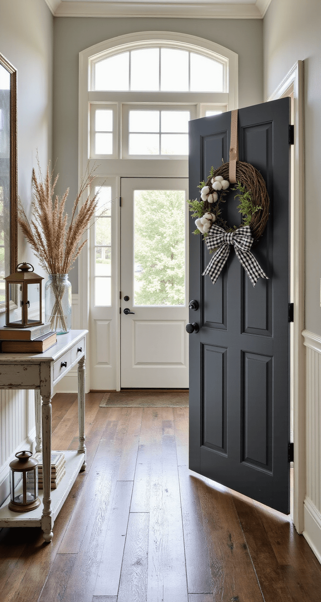 Farmhouse Grapevine Wreath Ideas That'll Make Your Front Door the Talk of the Neighborhood Interior foyer with abundant natural light illuminating a charcoal front door adorned with a neutral grapevine wreath featuring silvery lamb's ear and cotton pod clusters. A black and white gingham bow adds contrast. Decor includes a distressed white console table with a vintage mason jar of dried wheat, an aged brass lantern, and a stack of weathered books, all on reclaimed wood flooring with cream beadboard wainscoting. Soft shadows enhance the scene's depth.