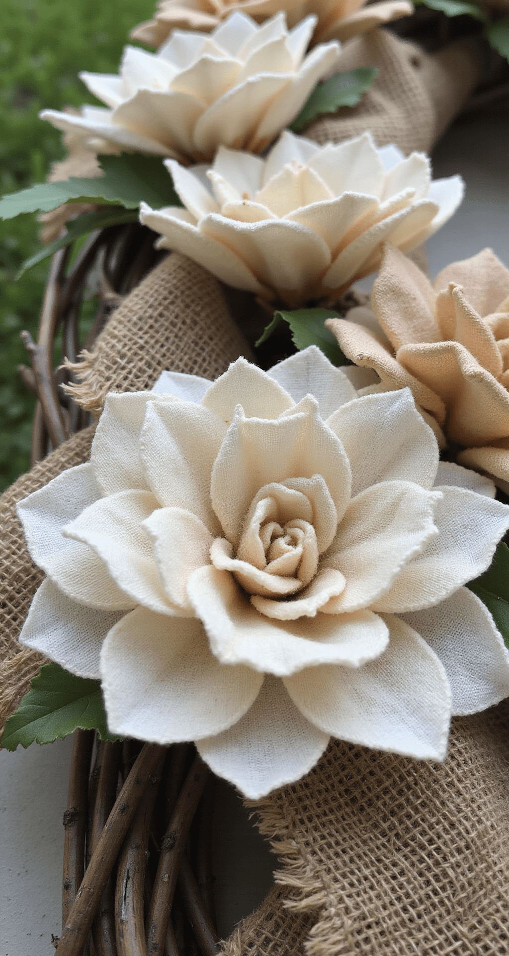 Farmhouse Grapevine Wreath Ideas That'll Make Your Front Door the Talk of the Neighborhood Close-up macro shot of a handcrafted fabric flower wreath with cream and natural toned flowers made from osnaburg and muslin, set against a blurred green background. The wreath features a twisted grapevine base adorned with frayed burlap ribbon, showcasing intricate petal details and textures, captured with a professional macro lens.