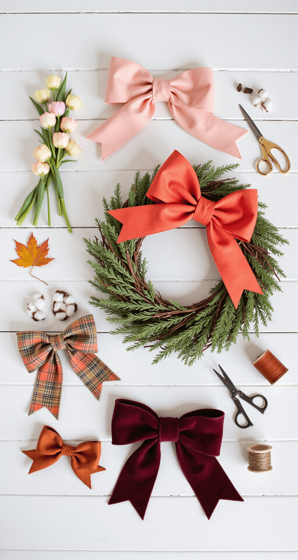 Farmhouse Grapevine Wreath Ideas That'll Make Your Front Door the Talk of the Neighborhood A flat lay arrangement featuring a central grapevine wreath surrounded by four seasonal bow options: pastel spring ribbons with artificial tulips, bright coral summer bow, burnt orange fall plaid, and deep burgundy winter velvet, on a clean white shiplap background. The setup includes vintage scissors, floral wire spool, and fabric scraps, all illuminated by even, diffused midday lighting.