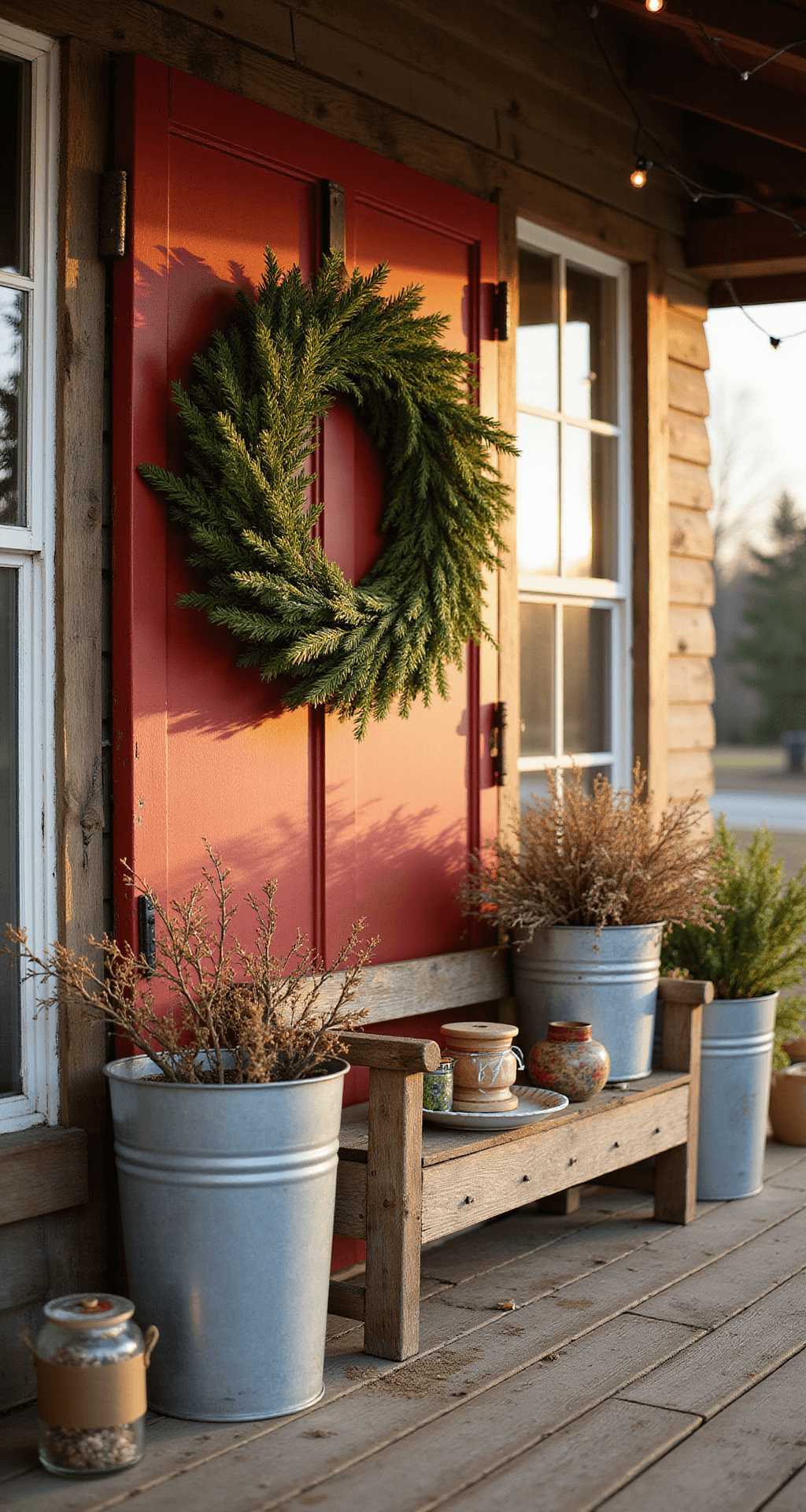 Farmhouse Grapevine Wreath Ideas That'll Make Your Front Door the Talk of the Neighborhood Rustic front porch vignette featuring a large grapevine wreath on a vintage red barn door, surrounded by galvanized metal buckets of seasonal branches, with a rough-hewn wooden bench holding wreath-making supplies, all bathed in warm golden hour light and soft shadows.