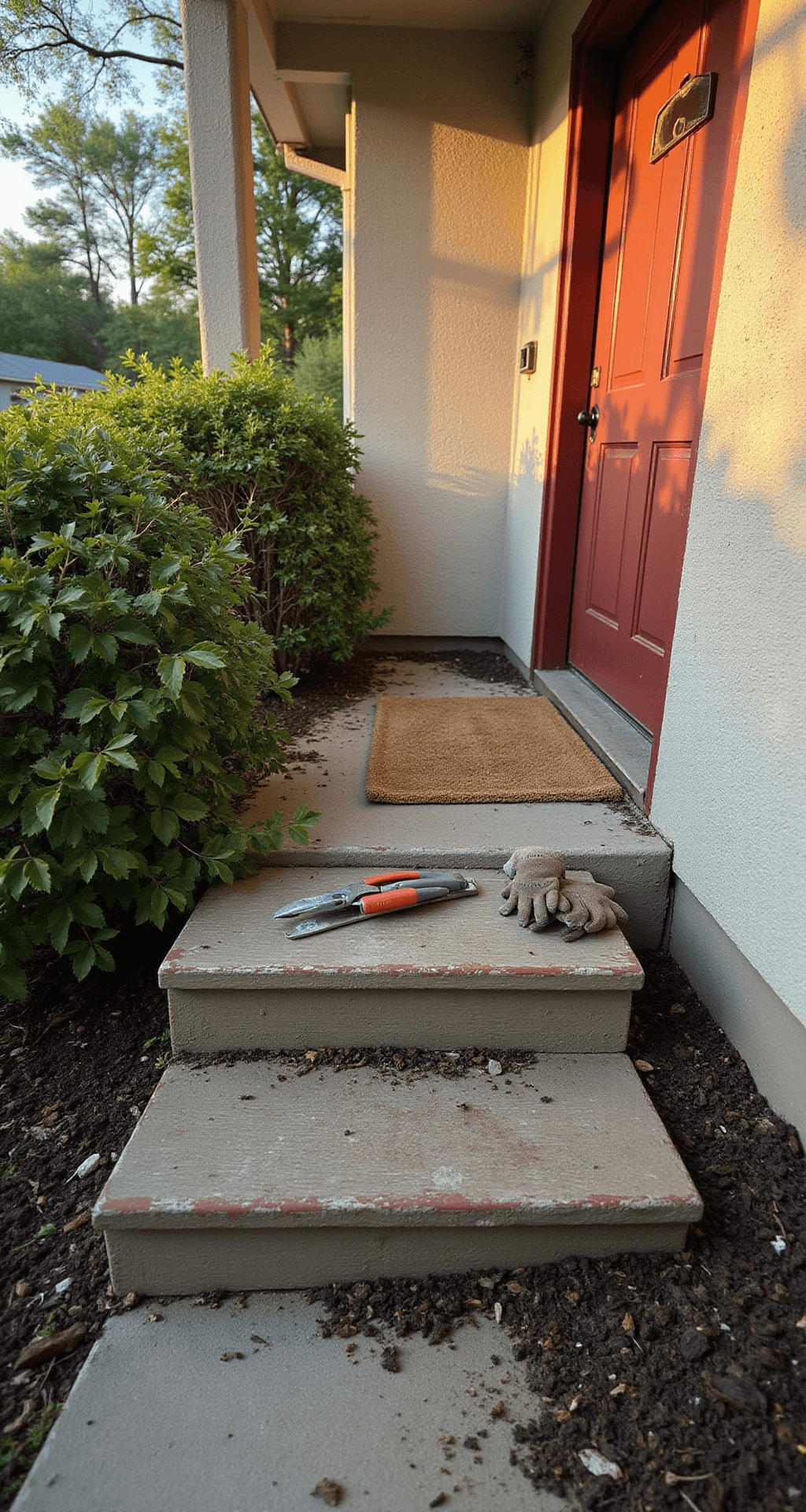 How I Transformed My Tiny Front Porch Without Breaking the Bank (And You Can Too) A small, weathered concrete porch with overgrown bushes being cleared away, featuring gardening gloves and pruning shears on worn wooden steps, dark brown mulch around the perimeter, a peeling red front door, and a crooked beige doormat, all illuminated by warm golden hour sunlight that casts dappled shadows, conveying a sense of neglect yet potential for renewal.