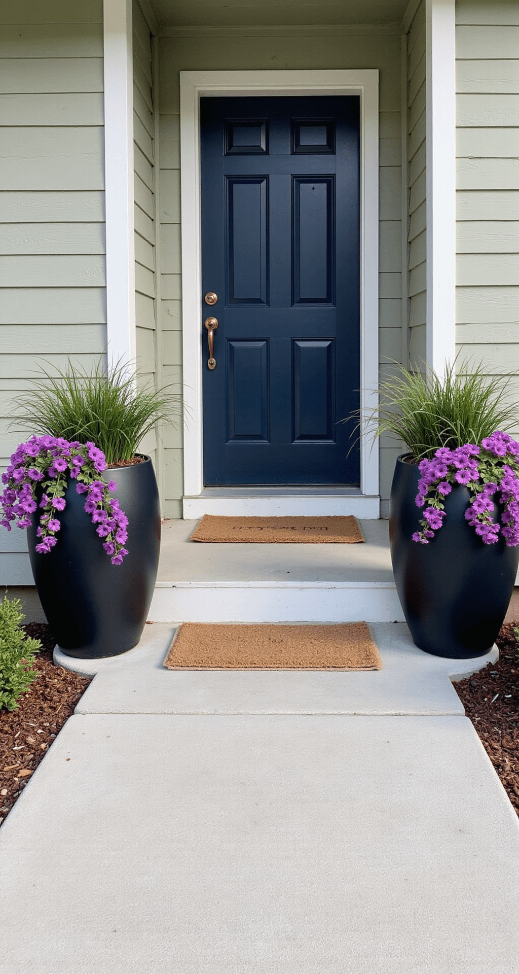 How I Transformed My Tiny Front Porch Without Breaking the Bank (And You Can Too) A symmetrical front porch featuring a navy blue door flanked by two large black planters filled with trailing purple petunias and ornamental grasses, surrounded by dark brown mulch and a centered jute rug, all bathed in gentle morning light.