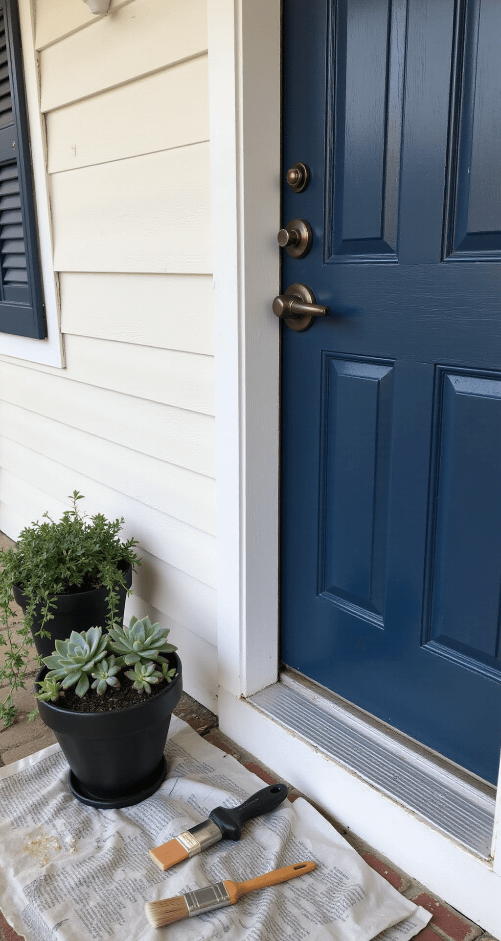 How I Transformed My Tiny Front Porch Without Breaking the Bank (And You Can Too) Freshly painted navy blue front door with shiny oil-rubbed bronze handle and deadbolt, framed by crisp white trim, alongside matte black terracotta pots with succulents, paint supplies on newspaper-covered steps, all illuminated by natural afternoon light.