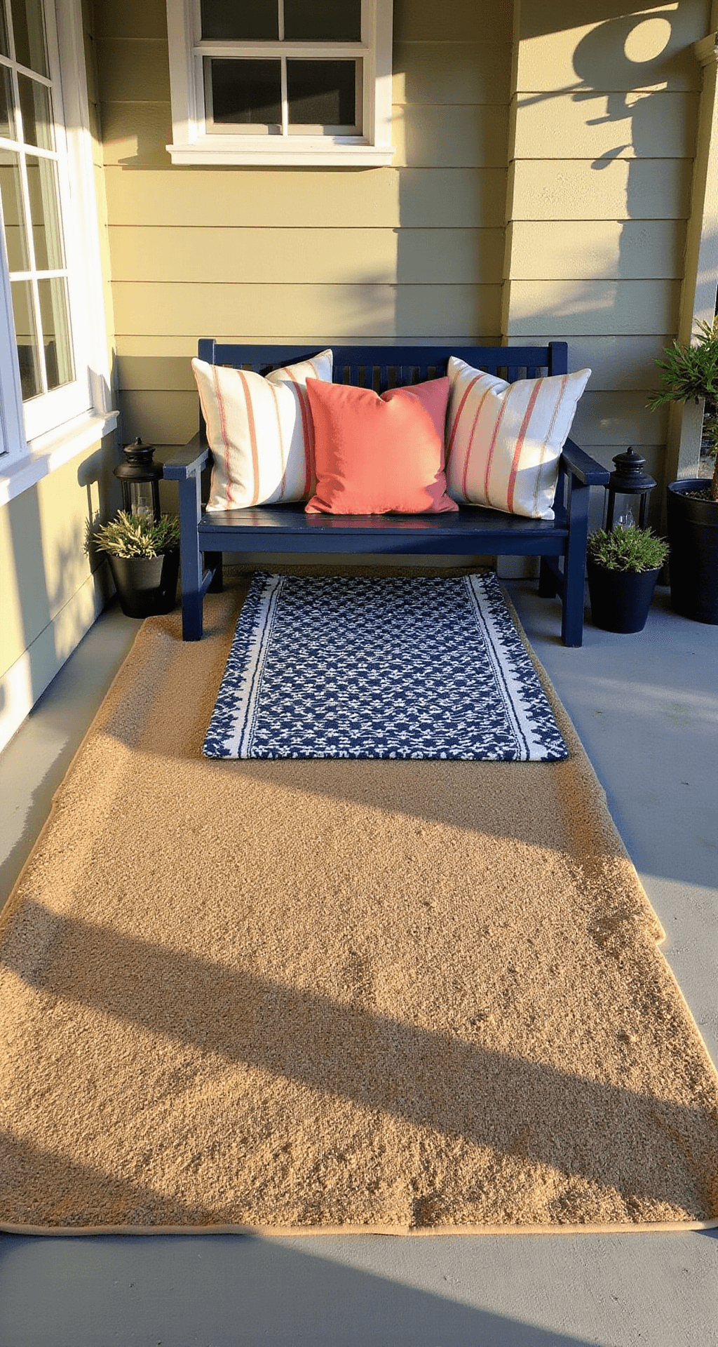 How I Transformed My Tiny Front Porch Without Breaking the Bank (And You Can Too) Cozy porch with layered weatherproof rugs, featuring a jute base and navy geometric runner, a navy blue wooden bench with coral and cream cushions, solar lanterns, and potted plants, illuminated by warm golden hour light.