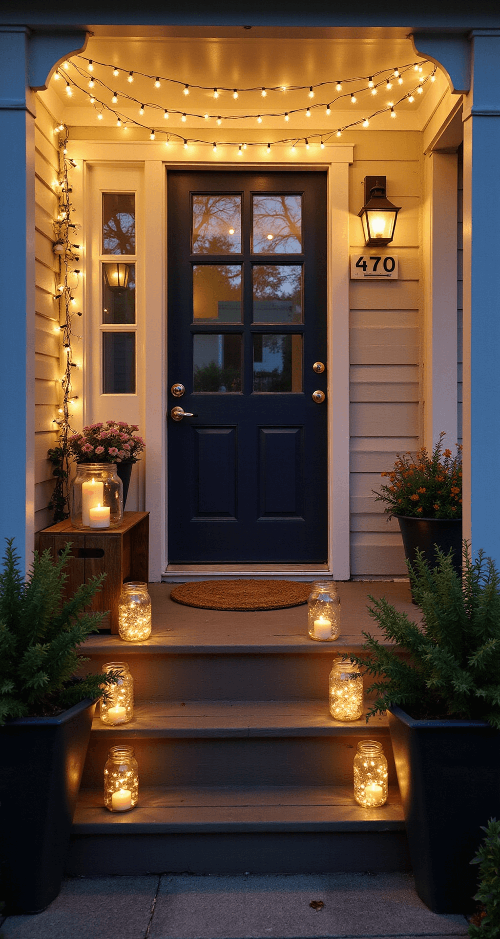 How I Transformed My Tiny Front Porch Without Breaking the Bank (And You Can Too) A cozy front porch at blue hour, illuminated by warm string lights and battery-powered candles, with a navy blue door, matching bench, and decorated steps lined with fairy light-filled mason jars, creating a magical and inviting atmosphere.