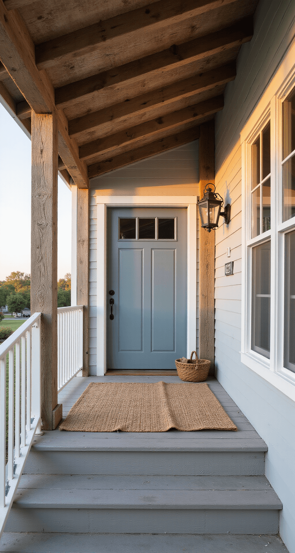 Rustic Farmhouse Porch Ideas That Actually Work (No Pinterest Perfection Required) A rustic farmhouse porch at golden hour with weathered gray wood flooring, a natural jute rug, and a patterned doormat, framed by white railings and reclaimed barn beam columns. The dusty blue Dutch-style front door features black iron hardware, while soft warm light creates gentle shadows across the textured surfaces.