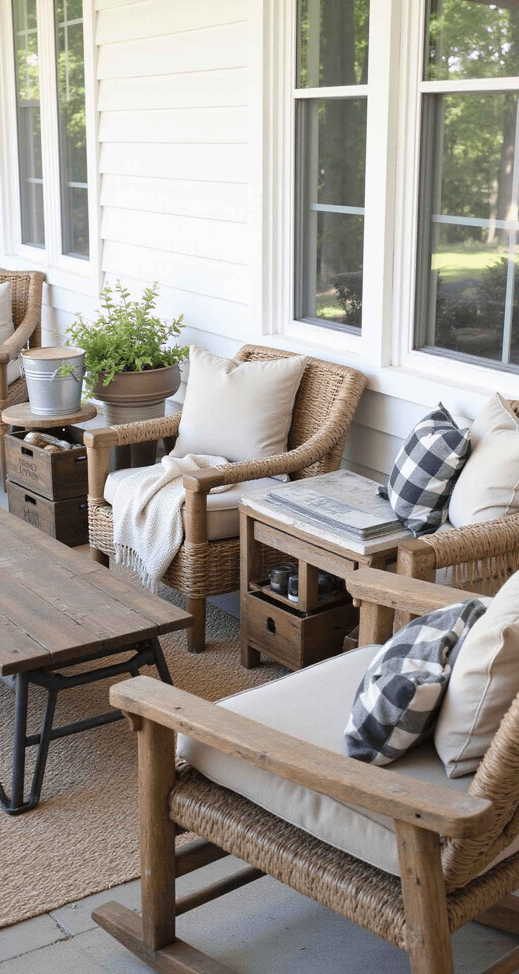Rustic Farmhouse Porch Ideas That Actually Work (No Pinterest Perfection Required) Cozy farmhouse porch seating area in soft morning light, featuring a weathered wooden rocking chair, modern black metal side table, thick-cushioned wicker seating, and a rustic reclaimed wood coffee table, all enhanced by neutral-toned linen pillows and casual throws, creating an inviting and comfortable atmosphere.