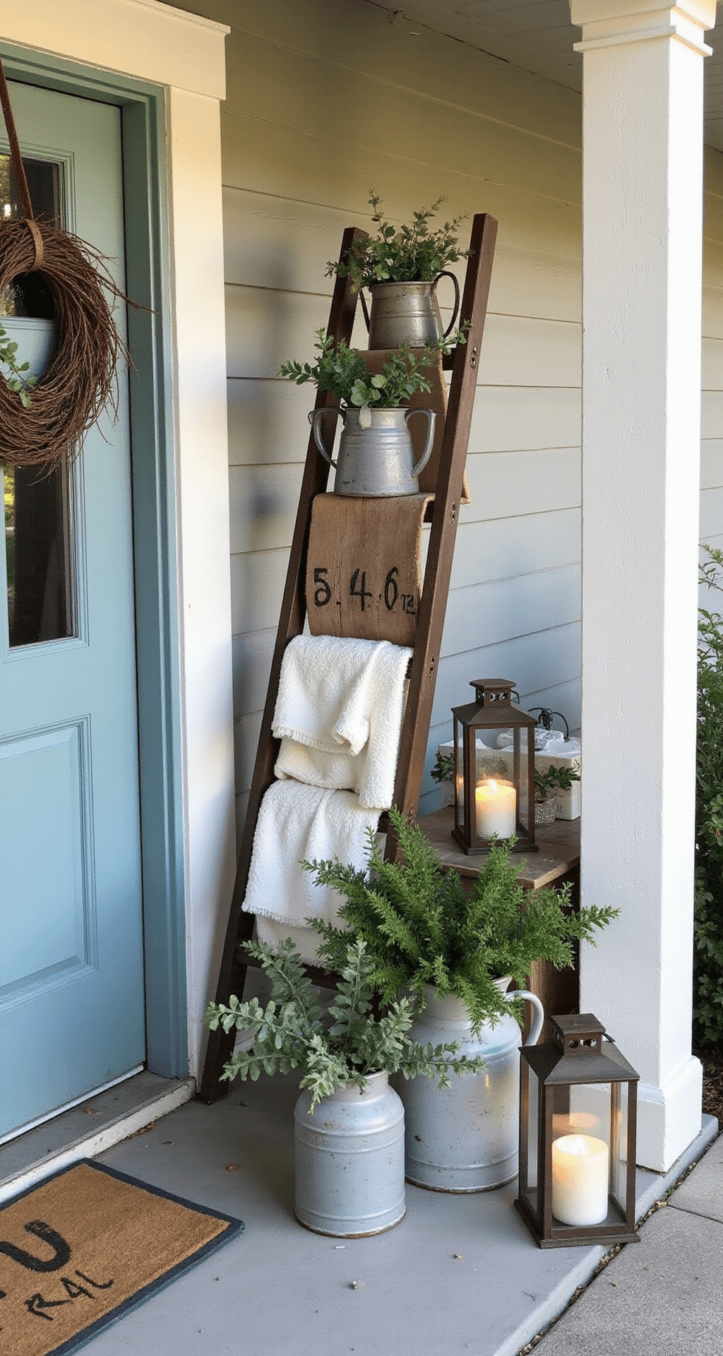 Rustic Farmhouse Porch Ideas That Actually Work (No Pinterest Perfection Required) A cozy farmhouse porch corner in afternoon light, featuring a dusty blue door adorned with grapevine wreaths, vintage watering cans as vases, and antique milk jugs on weathered wood. An old ladder leans against white columns, draped with blankets and potted plants, while mixed-size lanterns with LED candles and a handpainted house number sign add character, all captured from a three-quarter angle.