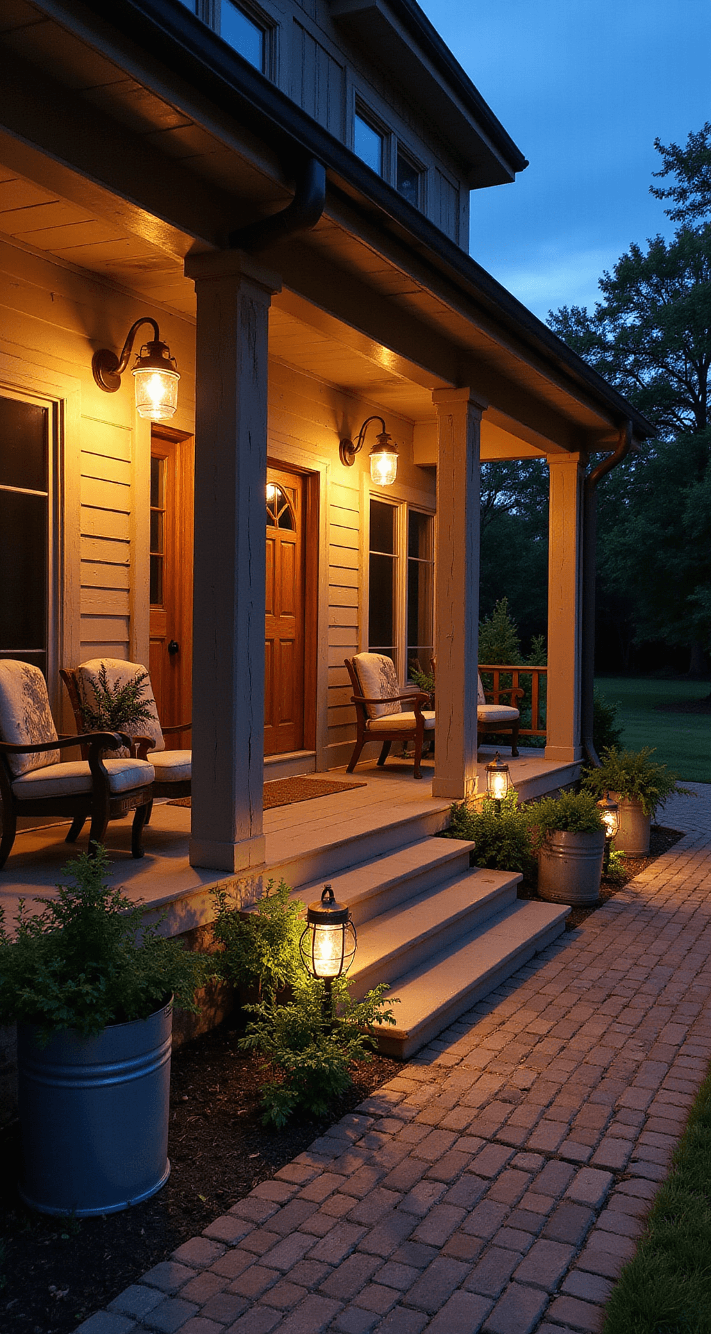 Rustic Farmhouse Porch Ideas That Actually Work (No Pinterest Perfection Required) A rustic farmhouse porch during blue hour, illuminated by warm lights from barn fixtures and lanterns, featuring weathered decor, repurposed planters, and a calming interplay of artificial and twilight hues.