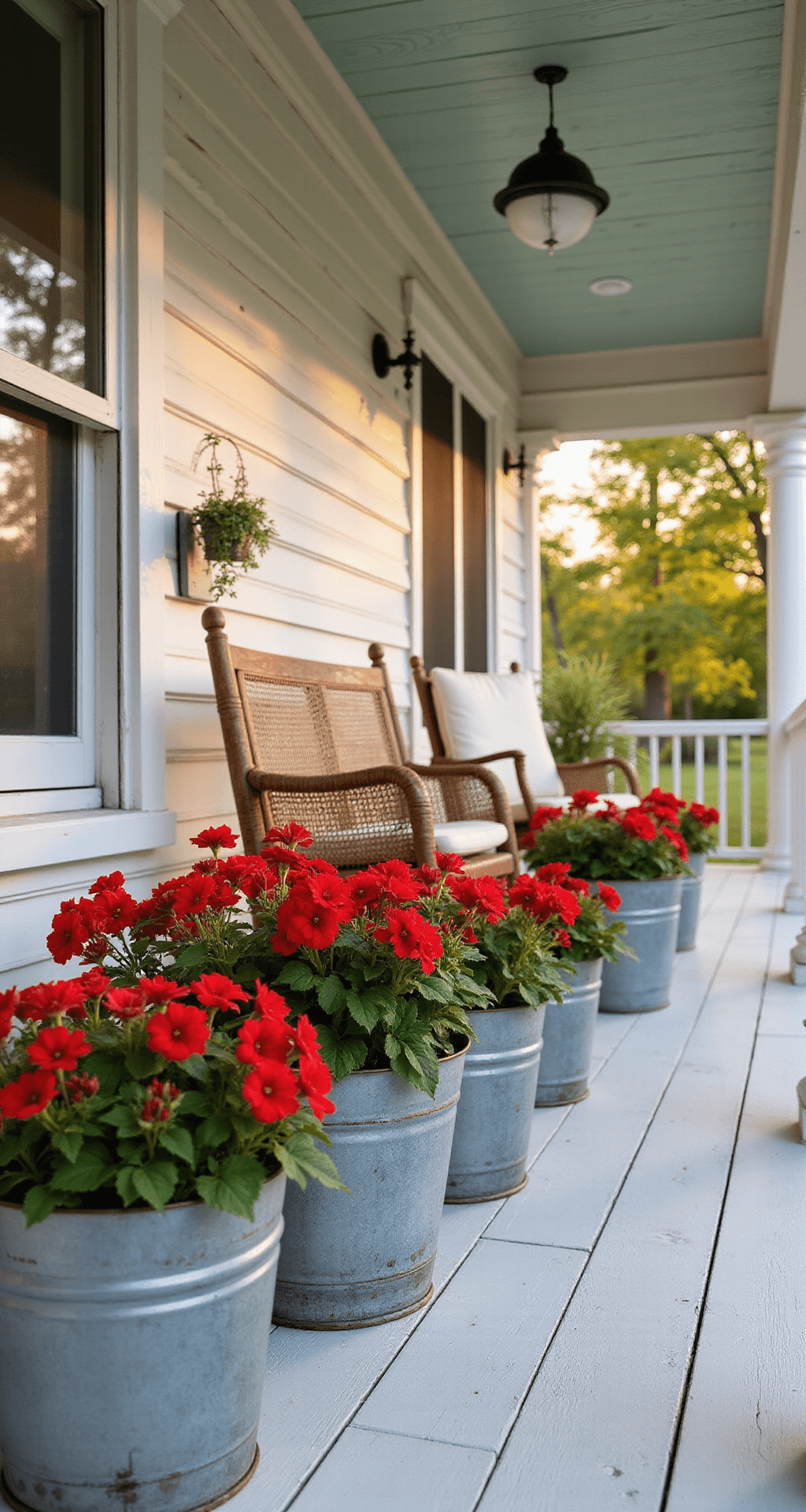 The Flowers That Actually Make Your Farmhouse Porch Look Like It Belongs on Pinterest A spacious farmhouse front porch at golden hour, featuring vibrant red geraniums in weathered galvanized metal containers on white wooden floorboards, with vintage wicker rockers and a distressed bench. Amber sunlight filters through tree branches, creating dappled shadows. The scene showcases a crisp color palette of whites, silver-gray metal, and bold crimson flowers.