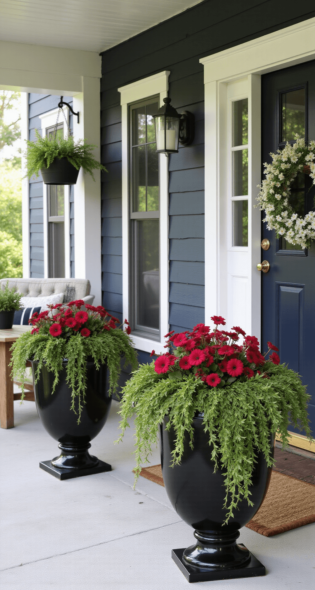 The Flowers That Actually Make Your Farmhouse Porch Look Like It Belongs on Pinterest A modern farmhouse porch in soft morning light, featuring black urn planters with cascading red petunias and sweet potato vine, flanked by large ceramic urns near a navy blue front door. Charcoal shiplap walls and white trim, with black hanging baskets of white petunias and potted herbs on a reclaimed wood side table, create a vivid contrast of deep colors and textures.